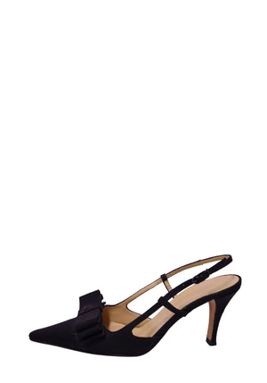 Chanel SS 2003 black satin bow pointed toe slingback pumps