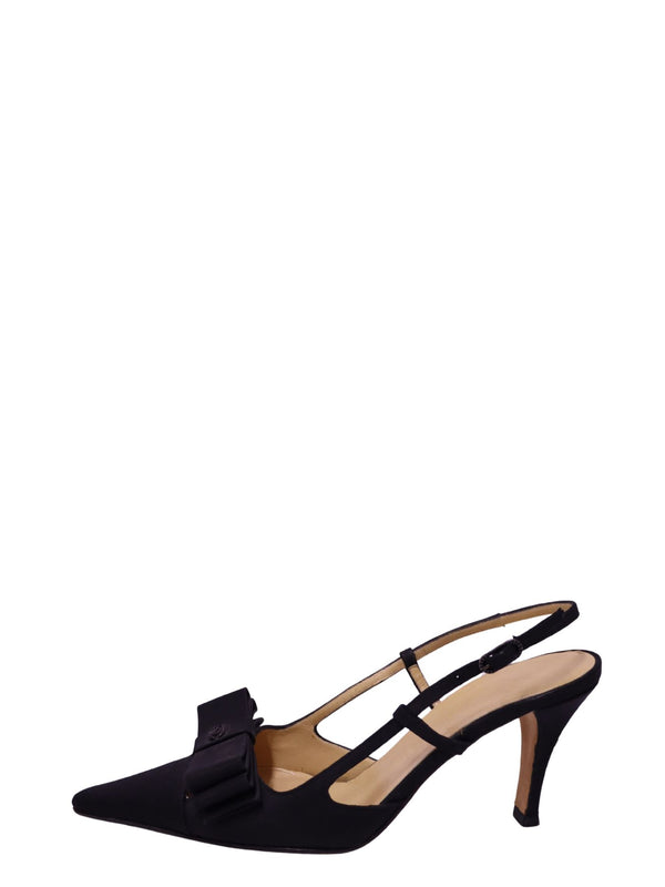 Chanel SS 2003 black satin bow pointed toe slingback pumps