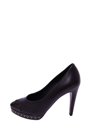 Chanel black leather platform pumps with embroidered CC logo and silver-tone chain trim