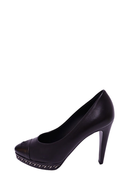 Chanel black leather platform pumps with embroidered CC logo and silver-tone chain trim