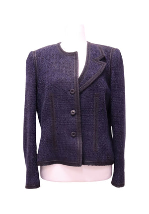 Chanel navy blue and black tweed asymmetric jacket with braided trim and tonal buttons