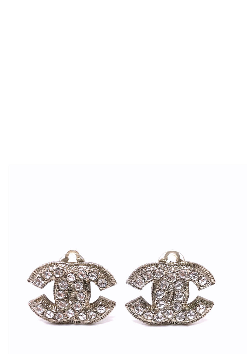 Chanel silver-tone crystal CC clip-on earrings with sparkling rhinestone embellishments.
