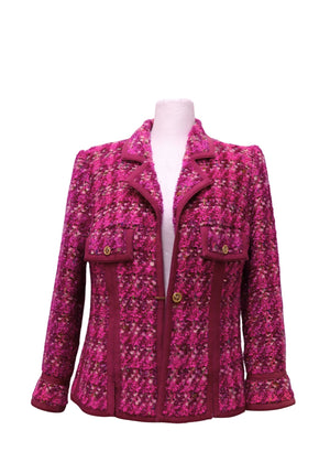 Chanel fuchsia pink tweed jacket with gold-tone CC buttons and contrast trim