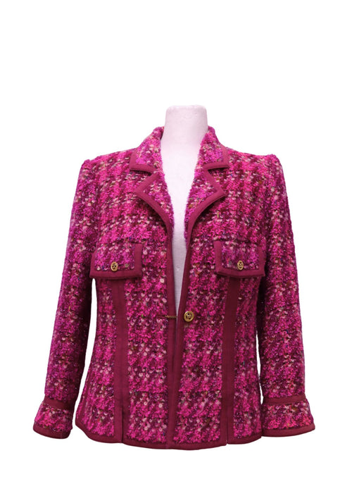 Chanel fuchsia pink tweed jacket with gold-tone CC buttons and contrast trim
