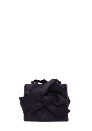 Chanel black satin-look mini crossbody bag with oversized layered fabric bow, subtle diamond quilting and matching black strap