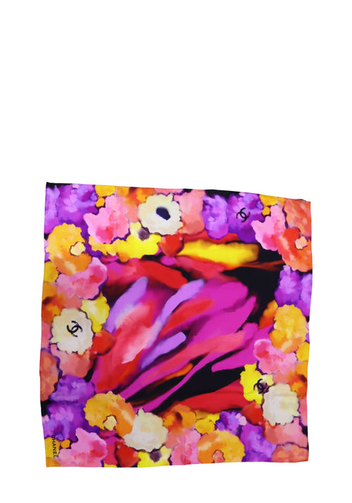 Chanel multicolor floral CC logo square scarf in pink purple yellow and orange