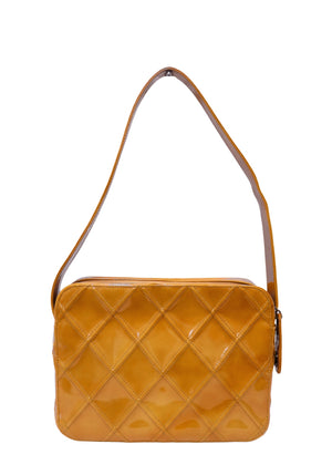 Vintage Chanel caramel brown diamond quilted patent leather shoulder bag with single leather strap