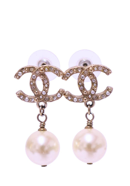Chanel gold-tone CC drop earrings with crystal embellishments and ivory faux pearl drops
