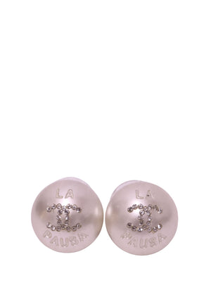 Chanel La Pausa ivory faux pearl stud earrings with crystal interlocking CC logos and embossed lettering