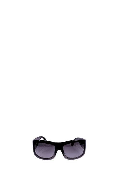 Chanel oversized black shield sunglasses featuring gradient lenses, a bold wraparound silhouette, silver-tone hardware, and the iconic interlocking CC logo on the temples