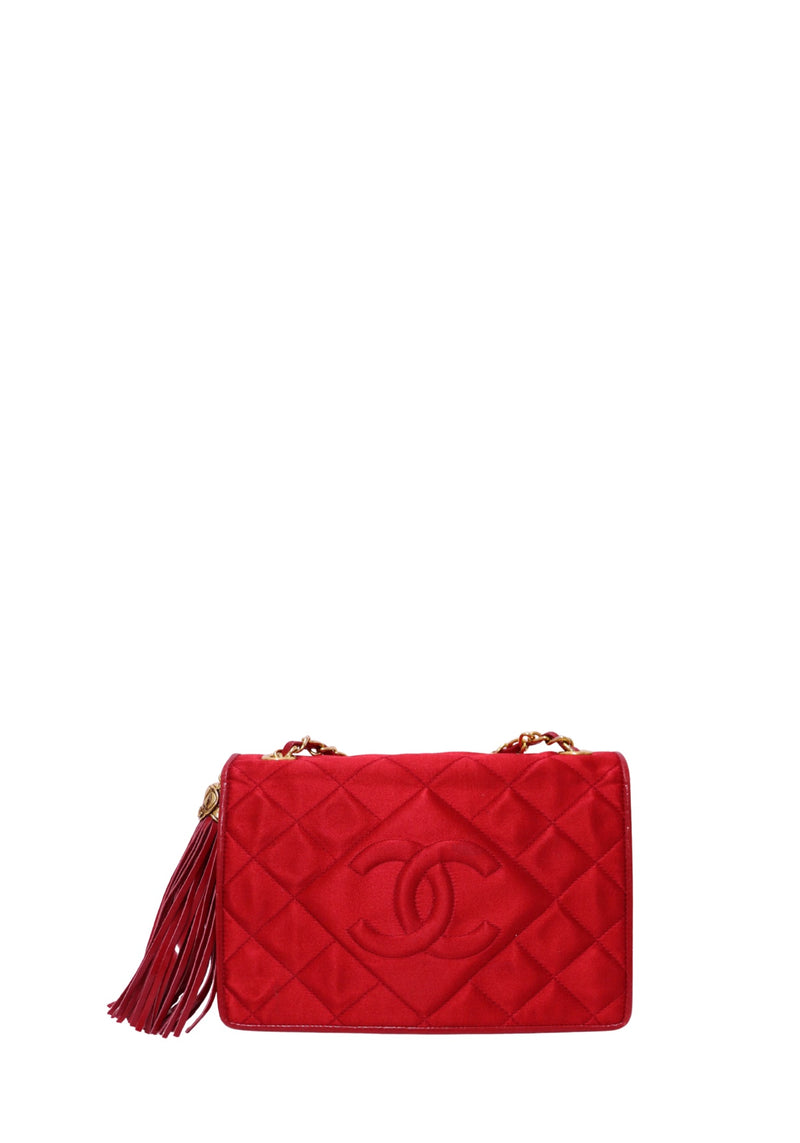 Chanel vintage red quilted satin CC tassel chain shoulder bag