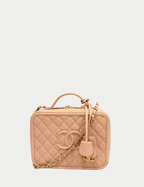 Chanel Beige Quilted Caviar Vanity Case with Gold Chain Strap and CC Logo – Luxury Crossbody Bag