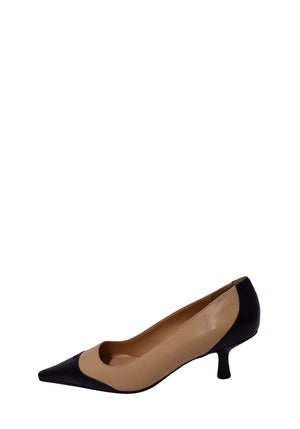 Chanel beige and black leather pointed cap-toe kitten heel pumps