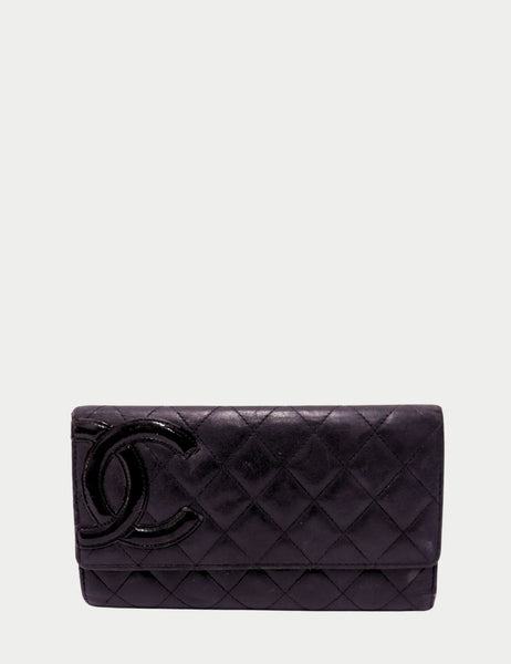 Chanel Black Quilted Wide Flap Wallet with Large Patent CC Logo in Lambskin Leather

