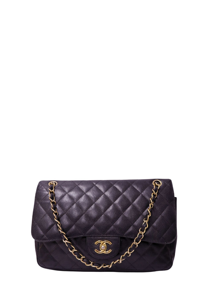 Chanel Jumbo Classic Double Flap Bag in black quilted caviar leather with gold-tone hardware
