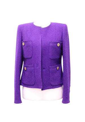 Chanel purple tweed four-pocket jacket with gold-tone CC logo buttons