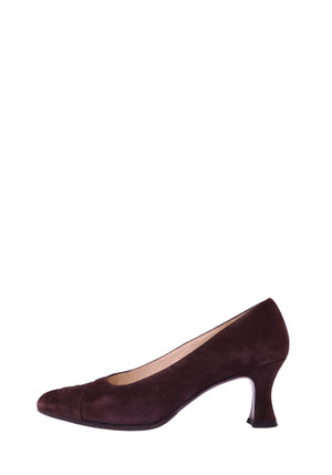 Chanel chocolate brown suede kitten heel pumps with tonal CC logo