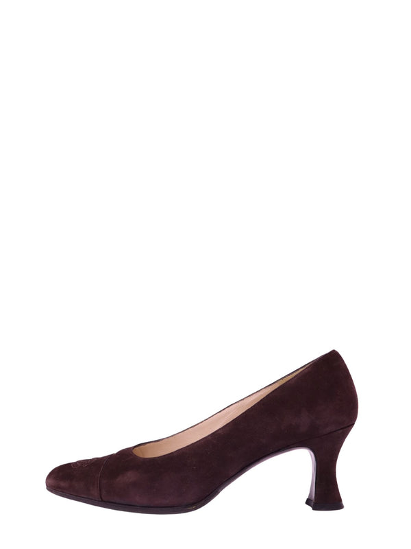 Chanel chocolate brown suede kitten heel pumps with tonal CC logo