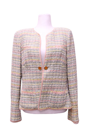 Chanel pastel multicolor tweed jacket with pink trim and gold-tone CC buttons