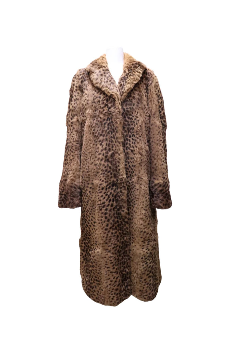 Garantia brown leopard print fur coat featuring a plush spotted exterior, wide notched collar, long sleeves and elegant knee-length silhouette