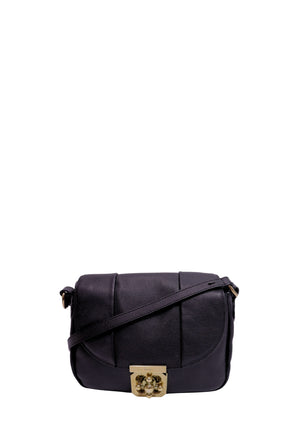 Chloé Elsie black pebbled leather shoulder bag with signature gold-tone floral turn-lock closure.