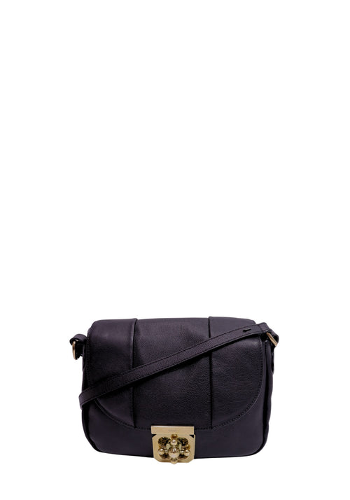 Chloé Elsie black pebbled leather shoulder bag with signature gold-tone floral turn-lock closure.