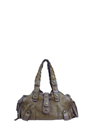 Authentic Chloé Silverado satchel bag in olive green python skin with taupe leather trim, antique brass hardware, dual top handles, and signature side pocket detailing