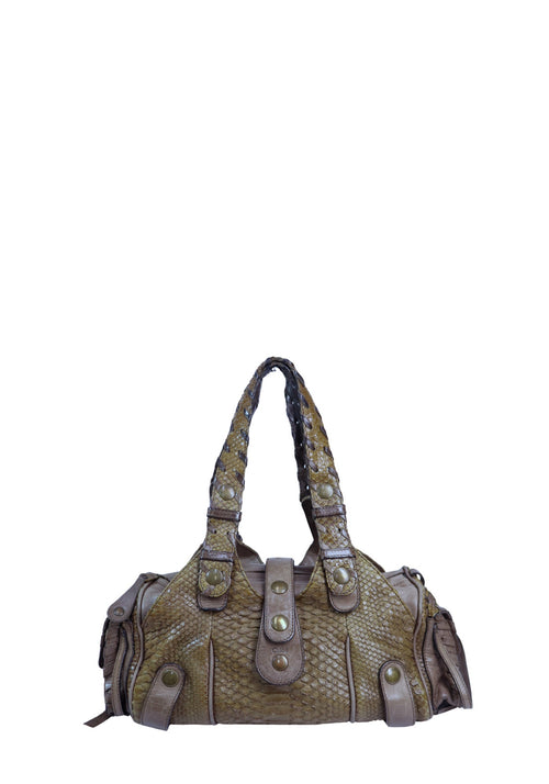 Authentic Chloé Silverado satchel bag in olive green python skin with taupe leather trim, antique brass hardware, dual top handles, and signature side pocket detailing