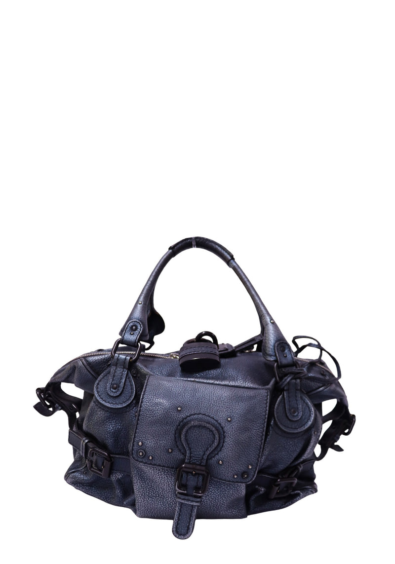 Pre-owned Chloé Paddington dark navy grained leather handbag with signature padlock and buckle detailing