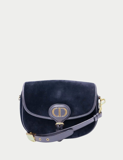 Christian Dior black suede shoulder bag with gold CD logo and leather strap