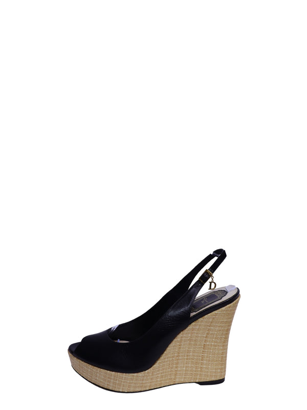 Christian Dior black leather peep-toe platform wedge slingback sandals with woven-look heel and Dior charm detail