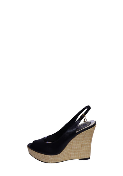 Christian Dior black leather peep-toe platform wedge slingback sandals with woven-look heel and Dior charm detail