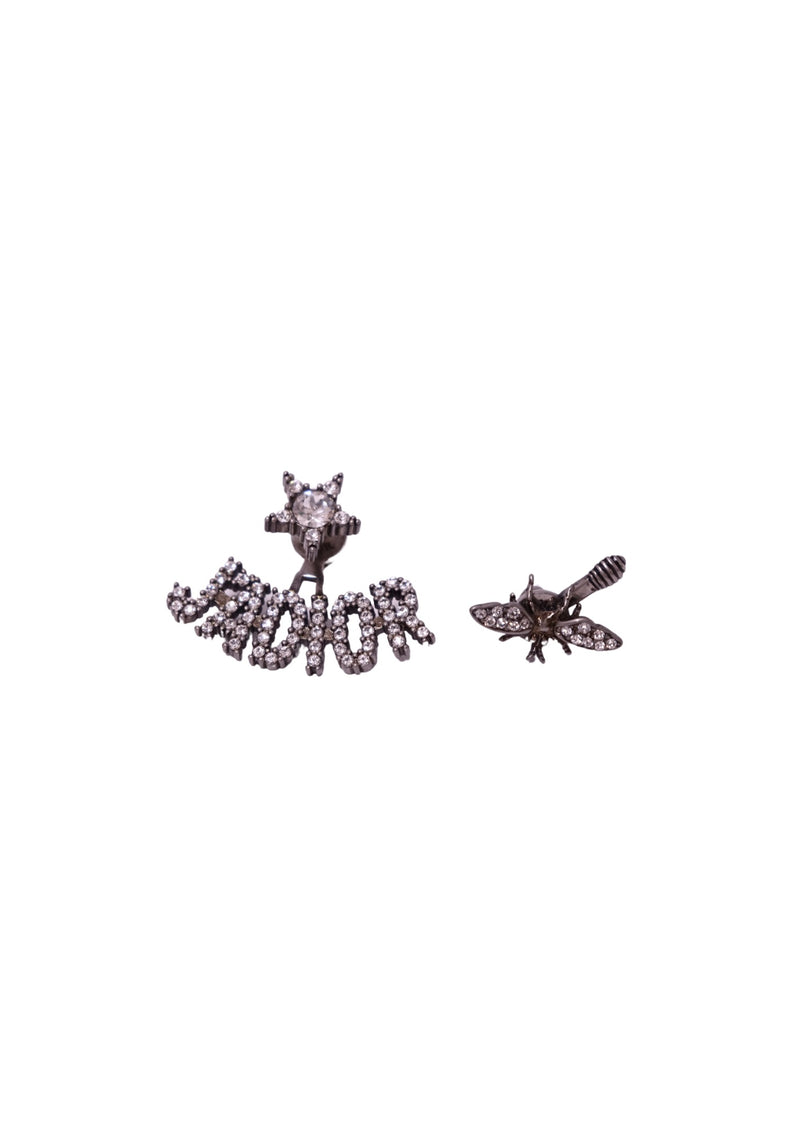 Christian Dior J’Adior crystal mismatched earrings with J’Adior lettering and bee motif