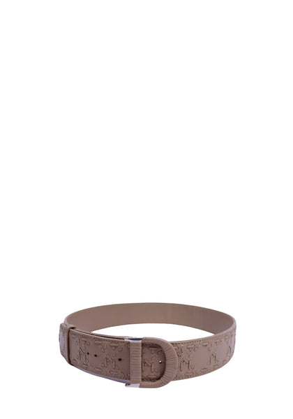 Christian Dior taupe embossed leather belt featuring a monogram-inspired pattern, covered buckle, adjustable fit, and sophisticated designer styling