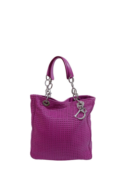 Christian Dior Lady Dior purple woven leather tote bag with silver-tone chain handles and signature D.I.O.R. letter charms.