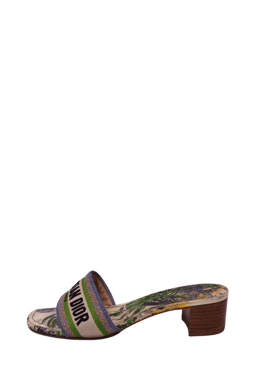 Christian Dior Dway-style multicolor tropical print slide sandal featuring a cream embroidered CHRISTIAN DIOR logo strap with green and blue detailing, botanical printed footbed, open toe and brown low block heel