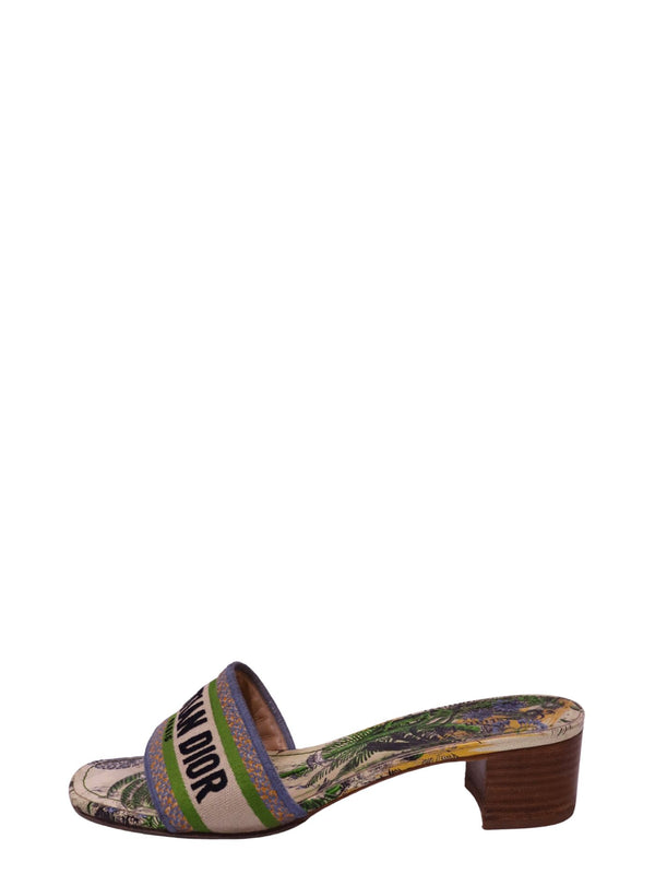 Christian Dior Dway-style multicolor tropical print slide sandal featuring a cream embroidered CHRISTIAN DIOR logo strap with green and blue detailing, botanical printed footbed, open toe and brown low block heel