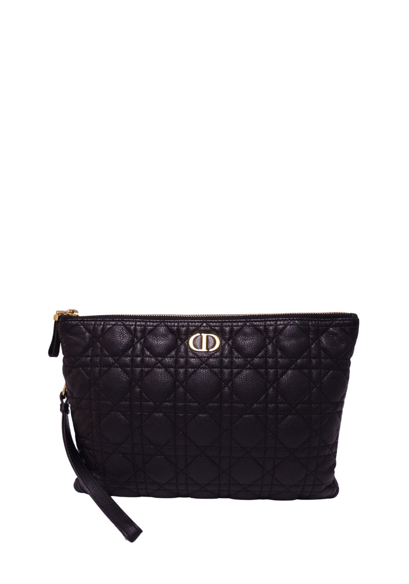 Christian Dior black Cannage quilted leather pouch with gold-tone CD logo and wrist strap