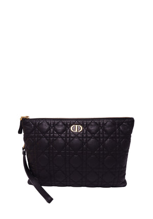 Christian Dior black Cannage quilted leather pouch with gold-tone CD logo and wrist strap