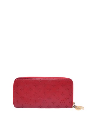 Christian Dior red leather zip-around wallet with floral laser-cut perforated detailing and gold zipper pull