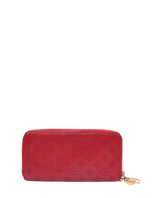 Christian Dior red leather zip-around wallet with floral laser-cut perforated detailing and gold zipper pull