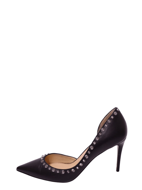 Christian Louboutin black leather pointed-toe pumps with silver stud embellishments and stiletto heel