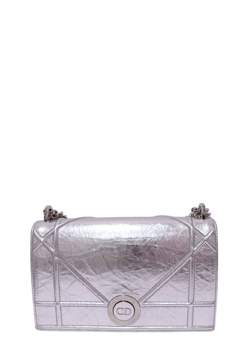 Christian Dior metallic silver leather flap shoulder bag with Cannage-inspired stitching, CD clasp and chain strap