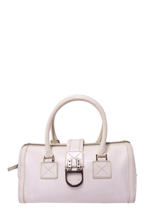 Authentic Christian Dior white leather Diorissimo Boston bag featuring dual rolled top handles, silver-tone Dior D clasp, zip-top closure, and structured silhouette