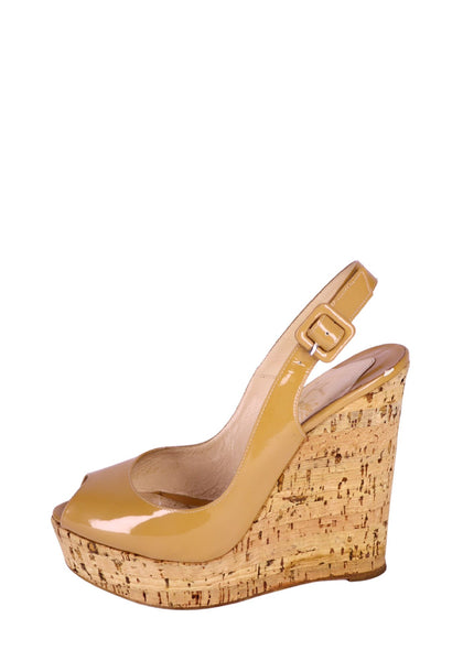 Christian Louboutin nude patent leather slingback wedge sandals with cork heel and peep toe