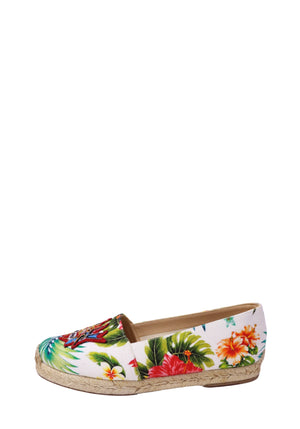 Authentic Christian Louboutin Dandelion canvas espadrilles featuring a tropical Hawaiian floral print, embroidered crest, and braided jute sole.