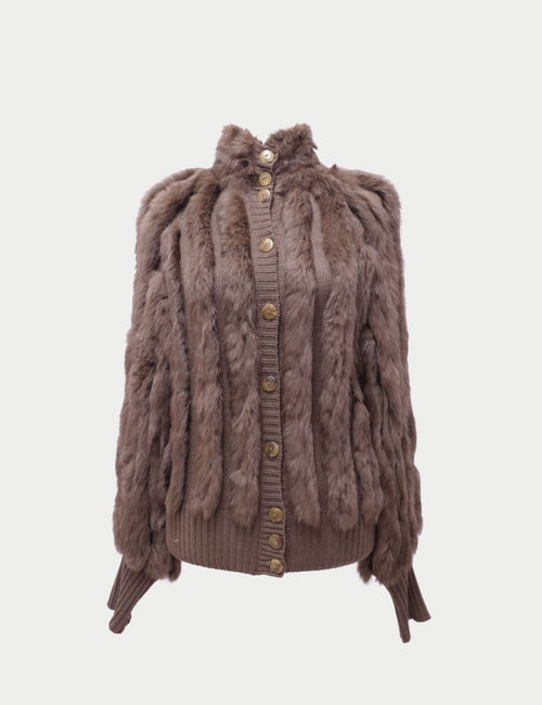 Class Roberto Cavalli brown fur-trimmed knit cardigan with gold-tone buttons and ribbed cuffs