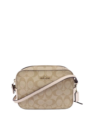 Coach beige signature canvas crossbody bag with cream leather strap and logo plaque