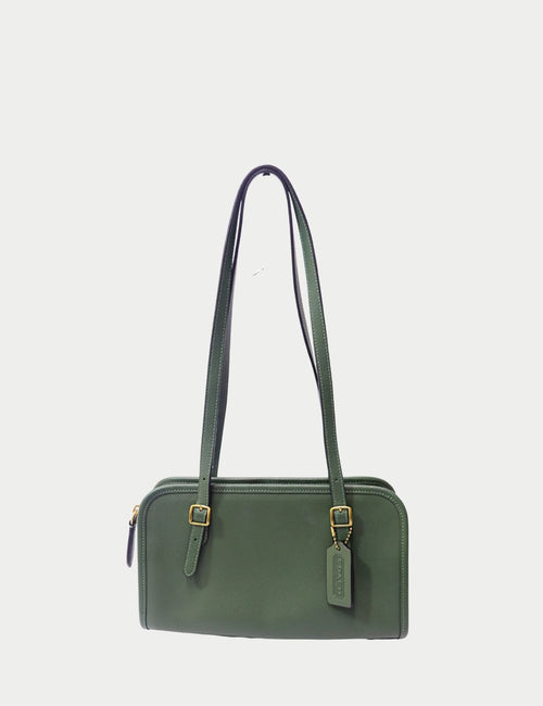 Coach olive green leather shoulder bag with dual adjustable straps, zip closure, and gold hardware – classic designer handbag
