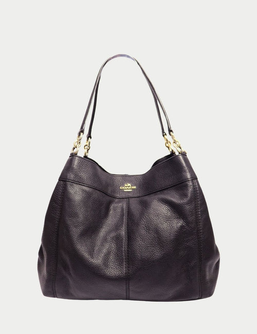 Black pebbled leather shoulder bag by Coach featuring dual straps, gold-tone hardware, and front logo detail